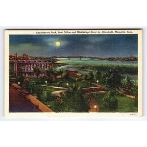 Vintage Memphis TN Confederate Park & Mississippi River Moonlight Postcard
